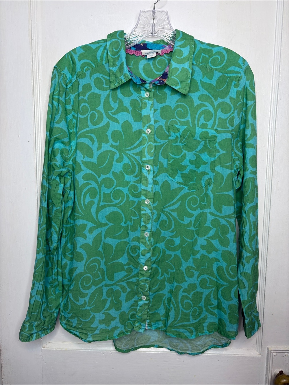Sundance Aqua Blue Green Cotton Botanical Contrast Trim Button Down Shirt Boho M